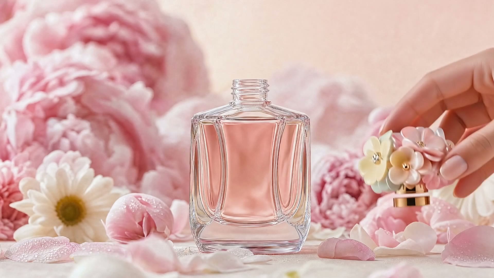 KI-generierte Produktinszenierung eines Parfums mit Blüten
